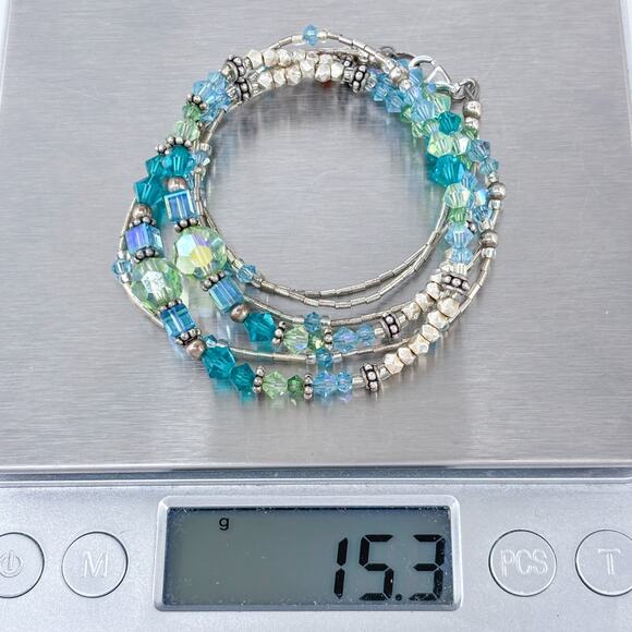 Estate Artisan Sterling Silver 925 Blue Green Crystal Beaded Necklace 16.5" - Picture 6 of 6